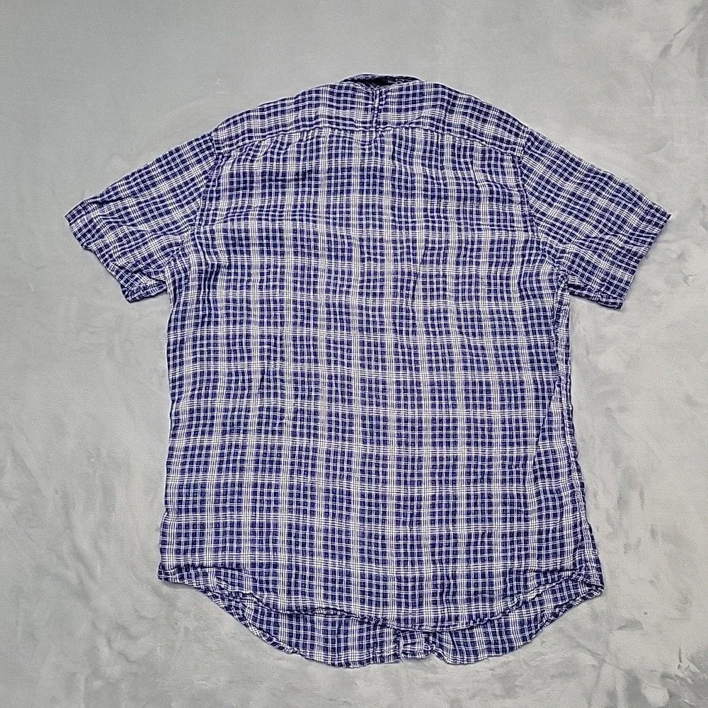 Banana Republic Shirt Mens Large Tall Blue 100% Linen Camden Plaid Button Down